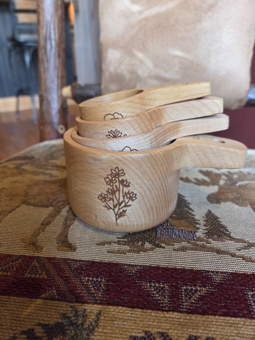 Stacked Wooden Measuring Cups with Floral Engraving - Light Wood